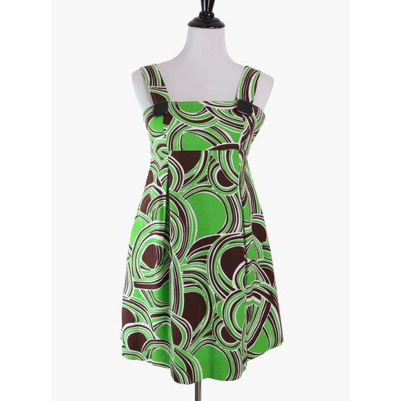 Tibi Size 4 Geometric Print 60s Style Mini Dress Cotton Green Brown - Picture 2 of 8